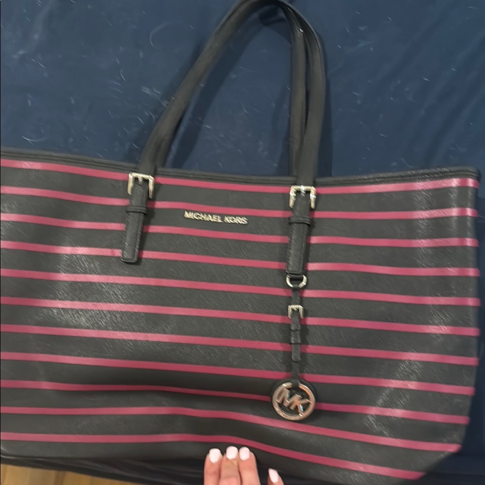 Michael Kors Black and Pink Striped Tote Bag